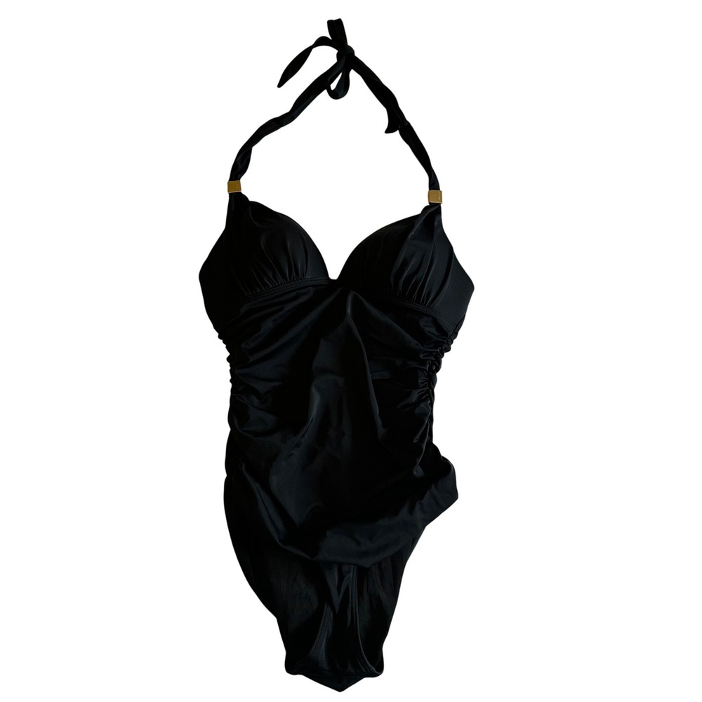 Victoria's Secret Black Ruched One Piece Swimsuit Gold Hardware Halter‎ Swimwear